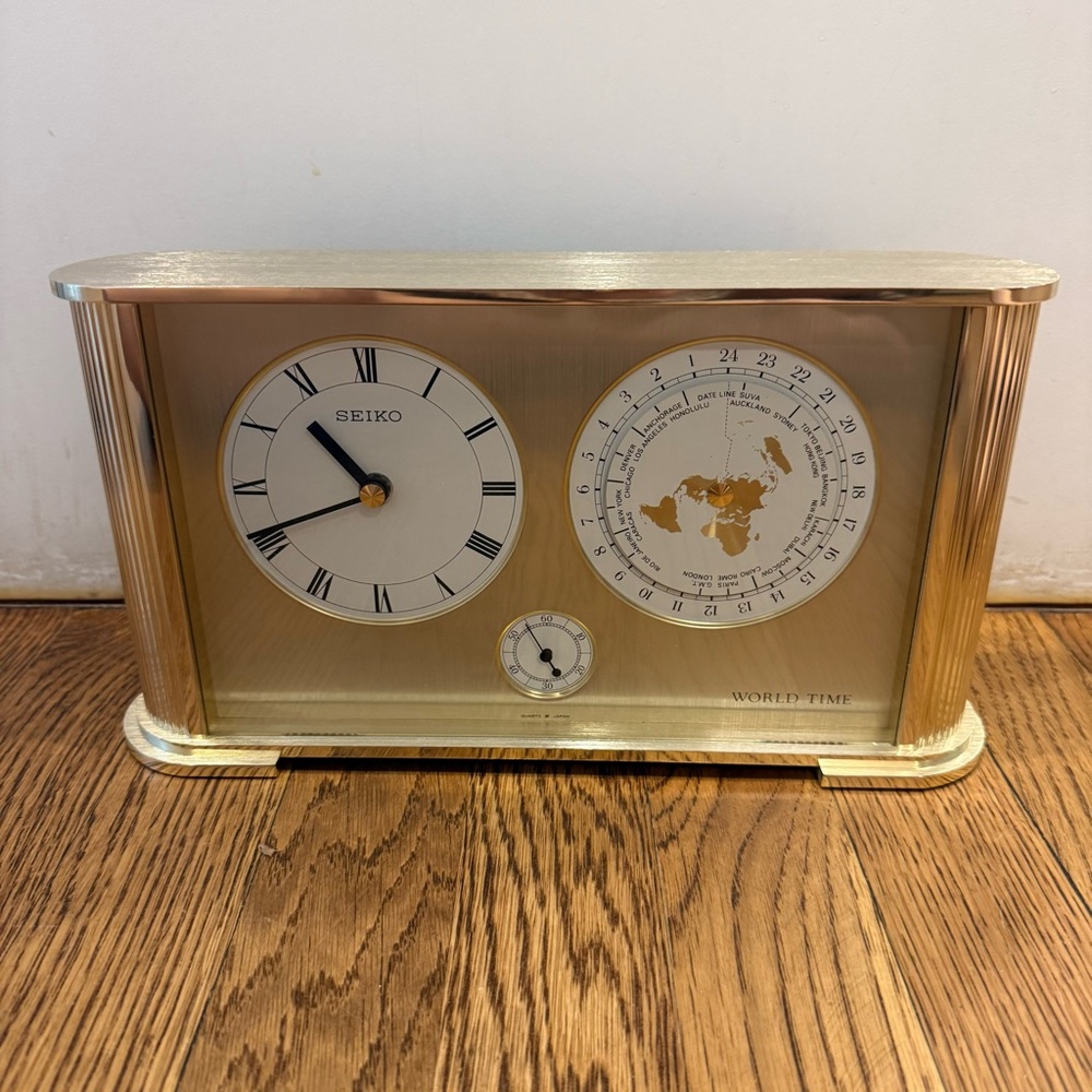 Vintage Seiko World Time Quartz Desk Clock - Gold/Brass Mid-Century Mantelpiece